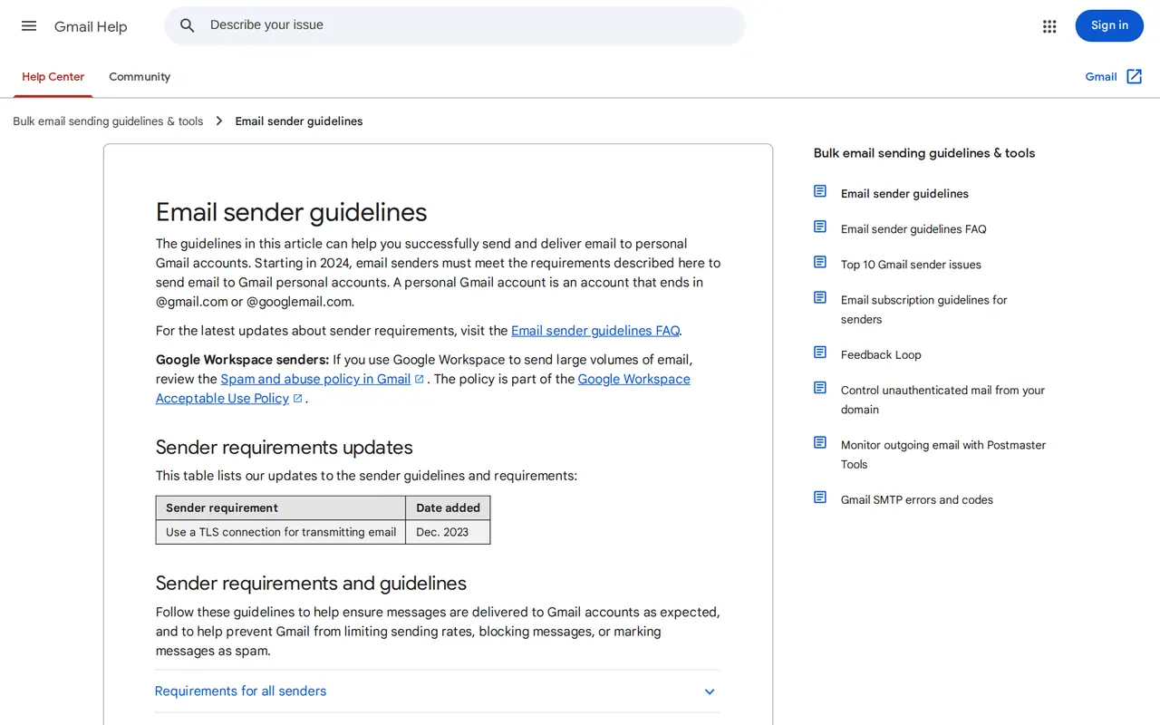 Why are my emails going to spam: Google's email sender guidelines page, which has asked for SPF, DKIM and DMARC since 2024