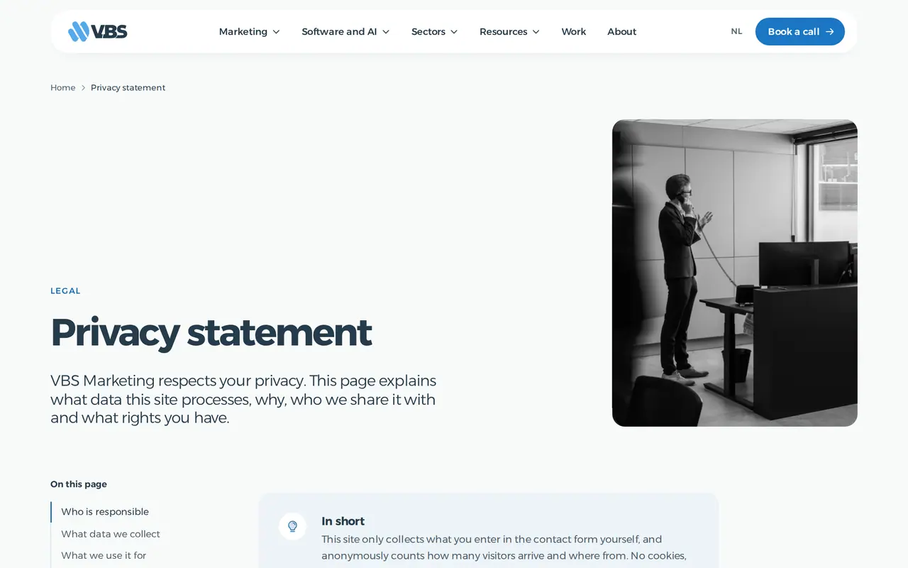 GDPR compliant website example: the privacy statement of vbsmarketing.eu, which counts visitors anonymously without cookies