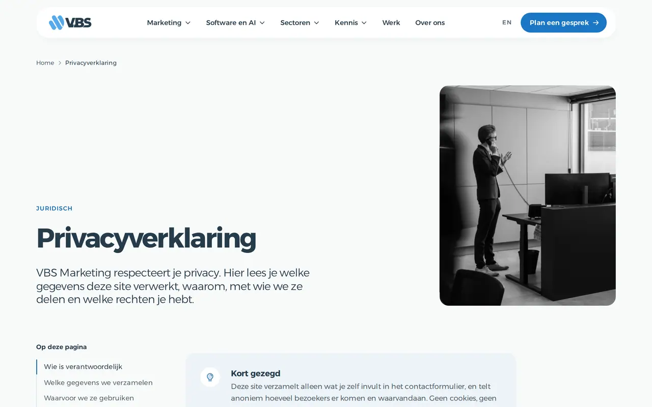 GDPR website voorbeeld: de privacyverklaring van vbsmarketing.eu, die bezoekers anoniem en zonder cookies telt