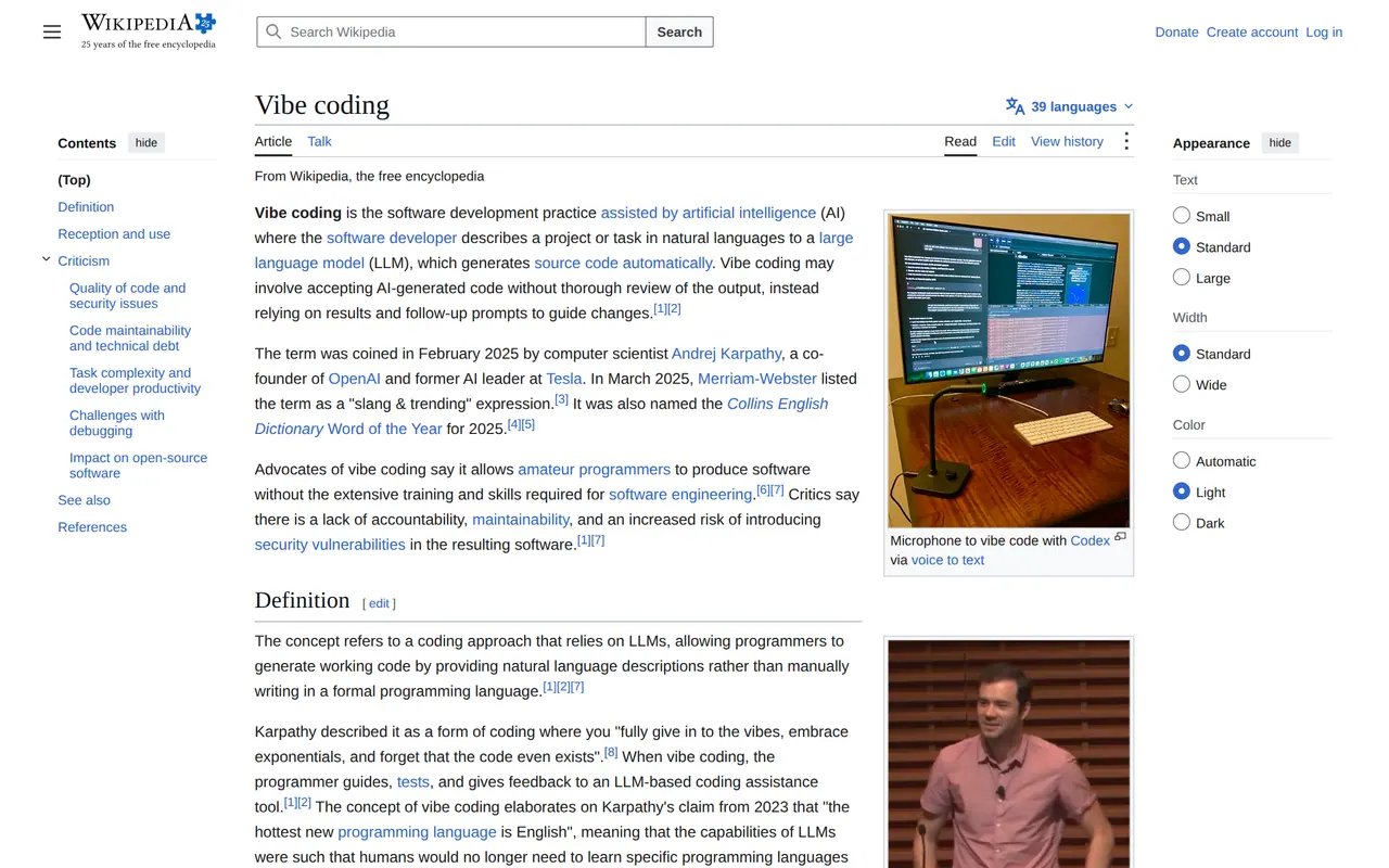 What is vibe coding: the Wikipedia article on vibe coding, the term Andrej Karpathy coined in February 2025