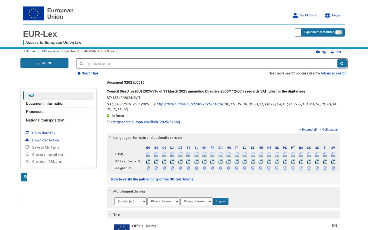 ViDA VAT in the digital age: Council Directive (EU) 2025/516 on EUR-Lex, in force since April 2025