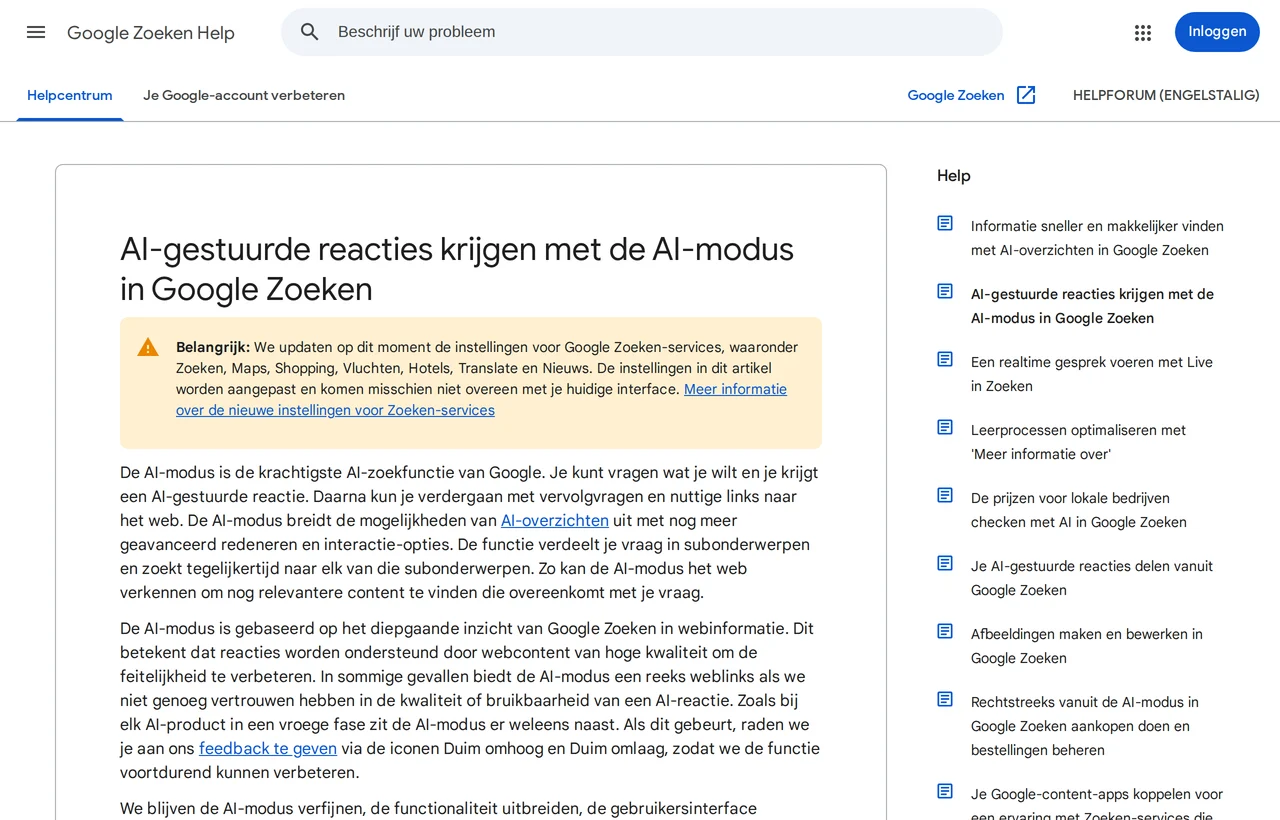 SEO trends 2027: de helppagina van Google over de AI-modus in Google Zoeken, in het Nederlands, de functie die ook in België antwoorden geeft