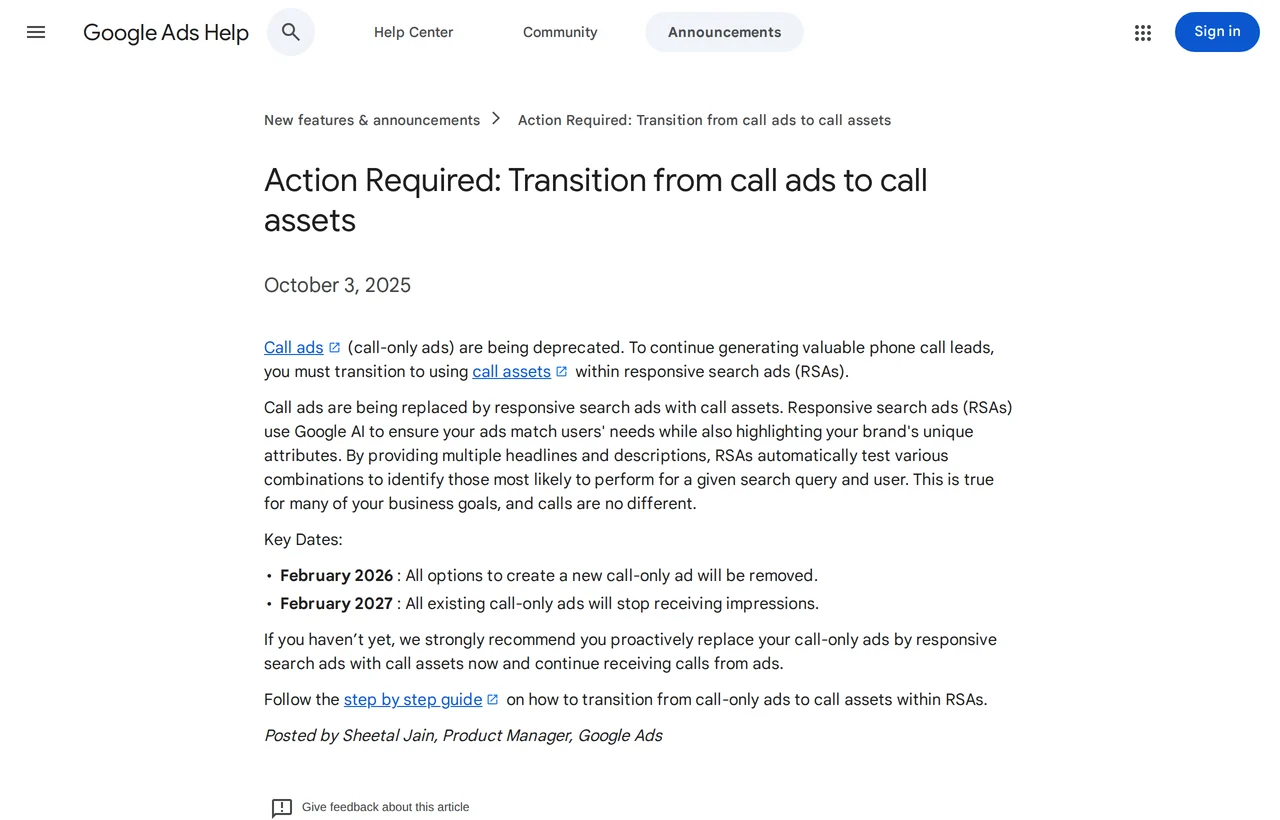Google call only ads sunset: the Google Ads Help announcement of 3 October 2025, with February 2026 and February 2027 as key dates