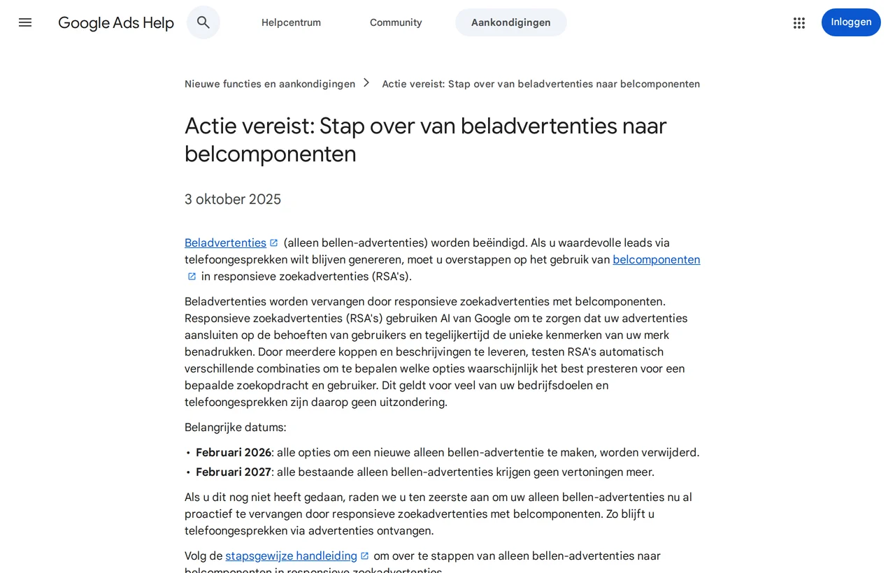 Call only ads stoppen: de aankondiging van 3 oktober 2025 in de Google Ads Help, met februari 2026 en februari 2027 als belangrijke datums