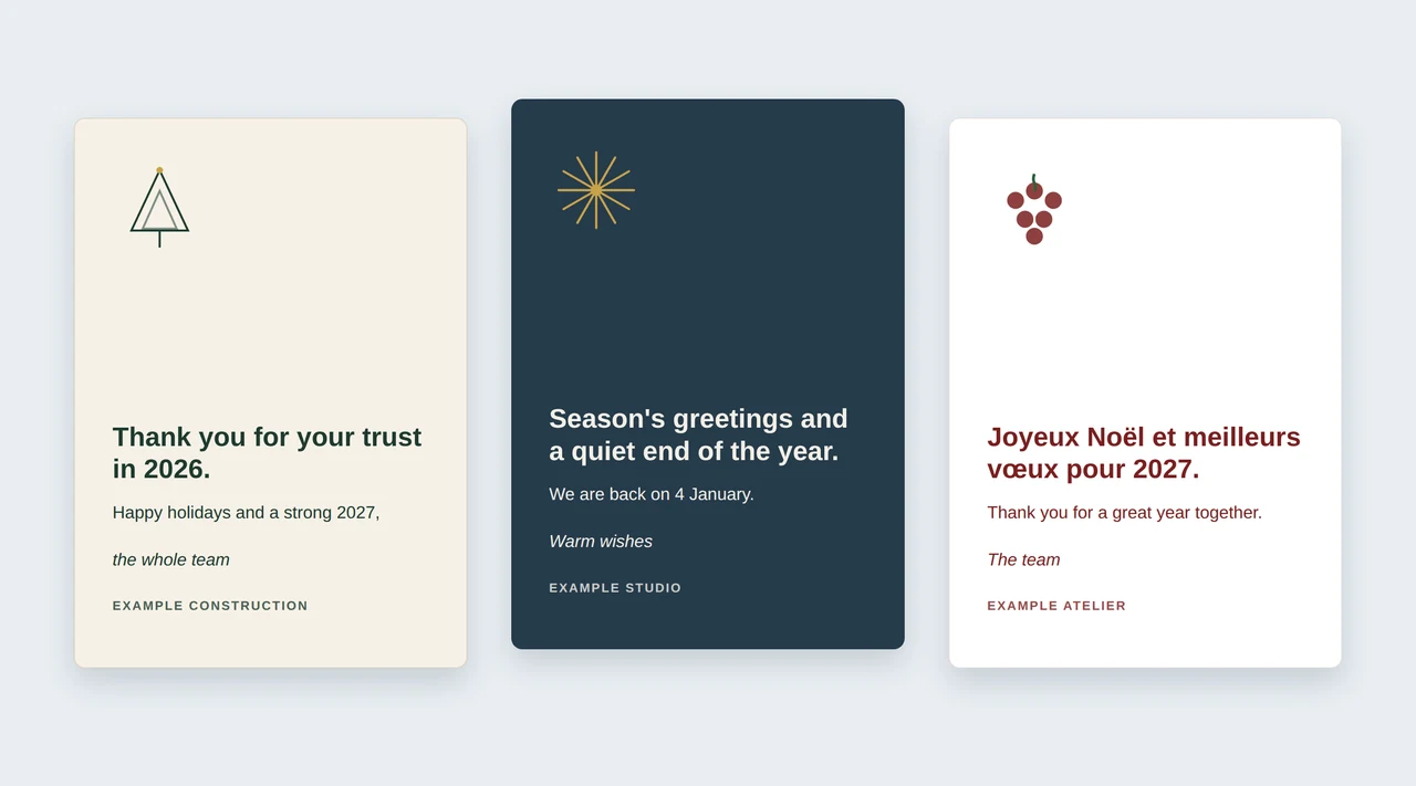 Christmas card business messages on three example designs by VBS, for a construction company, a studio and an atelier, in English and French