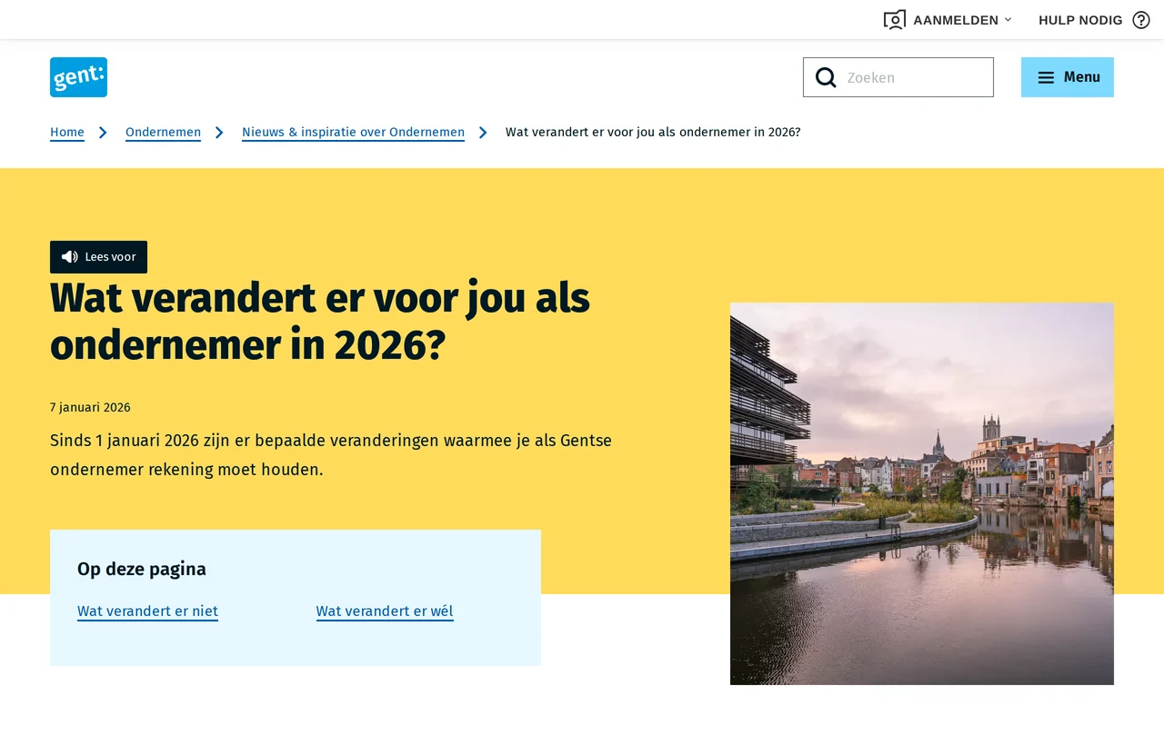 De pagina van Stad Gent over wat er voor ondernemers verandert in 2026, het jaar waarin ook de kmo-portefeuille afgeschaft wordt