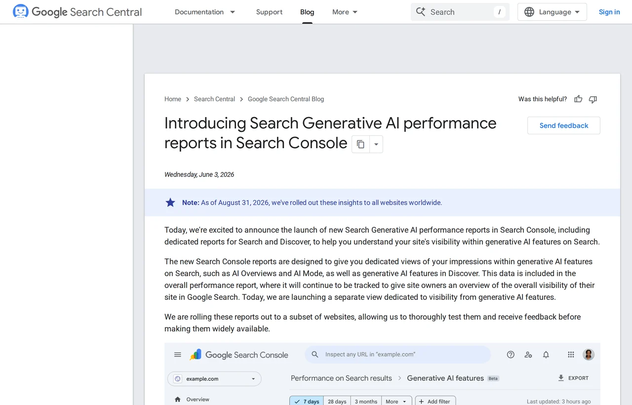 SEO trends 2027: Google's announcement of the generative AI performance reports in Search Console, rolled out to all websites on 31 August 2026
