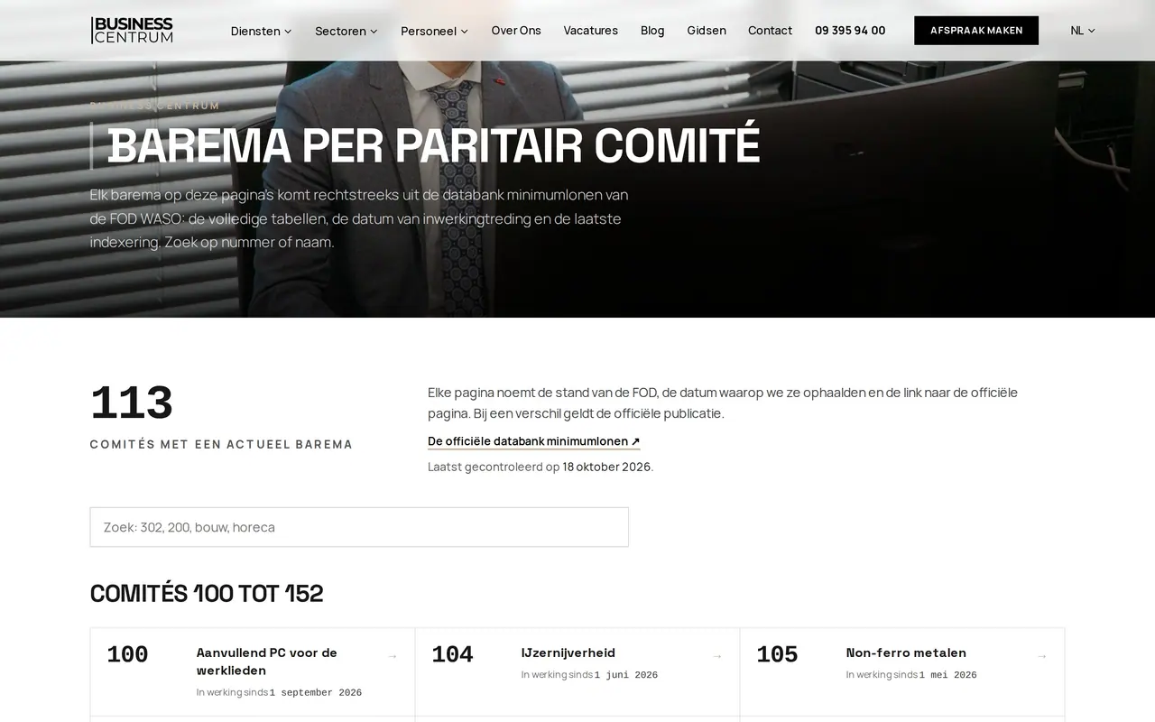 De barema's per paritair comité op de site van Business Centrum
