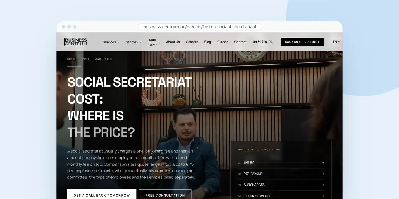 SEO or Google Ads: a guide on the English Business Centrum site about what a social secretariat costs, a page built to be found on that question