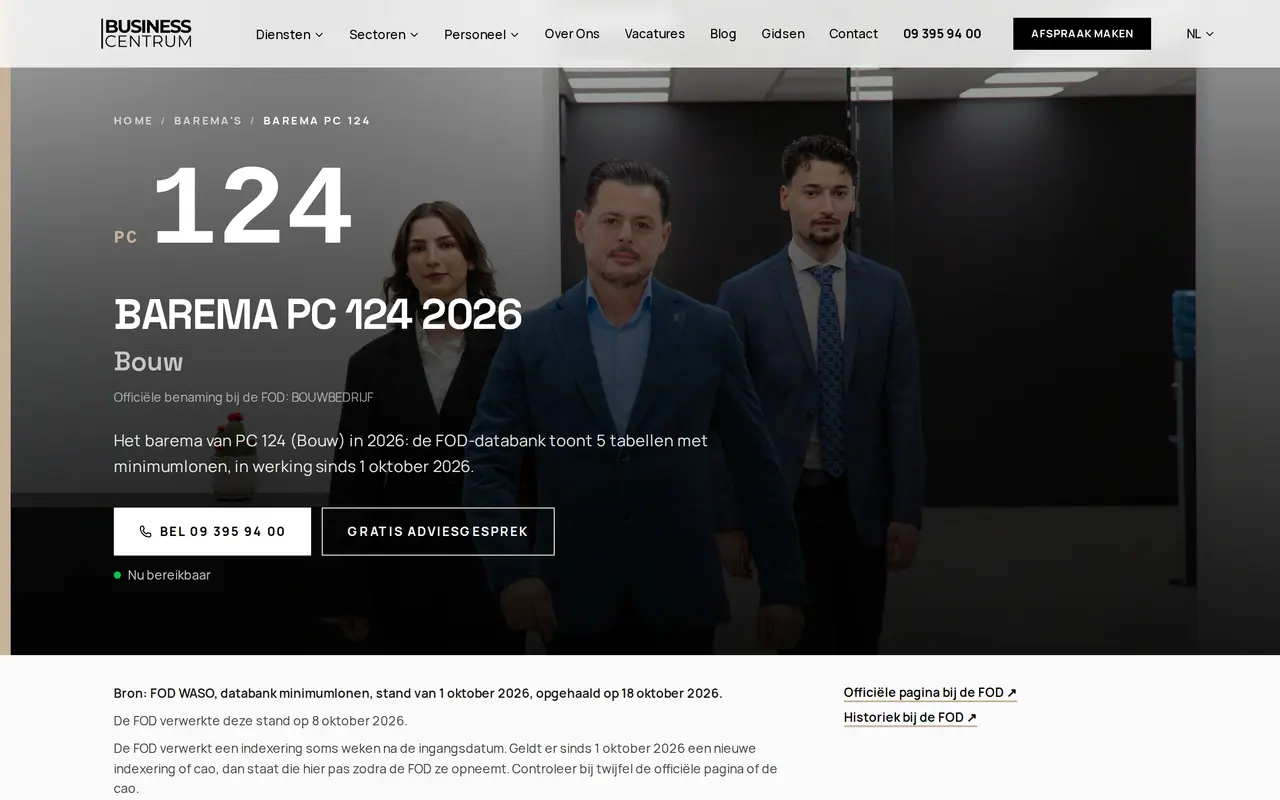 Het barema van paritair comité 124 op de site van Business Centrum