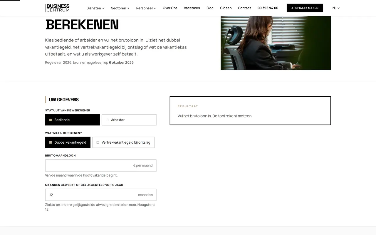 De vakantiegeldtool op de site van Business Centrum op een desktopscherm