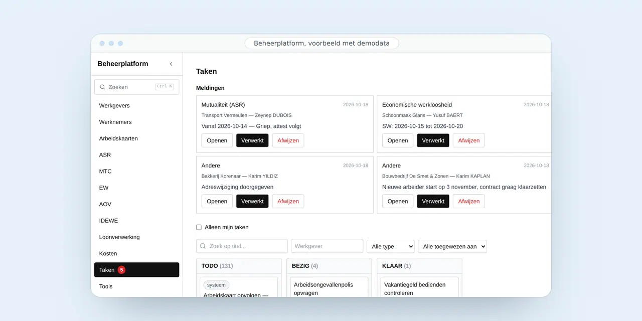 Het takenbord van een beheerplatform op maat, voorbeeld met demodata