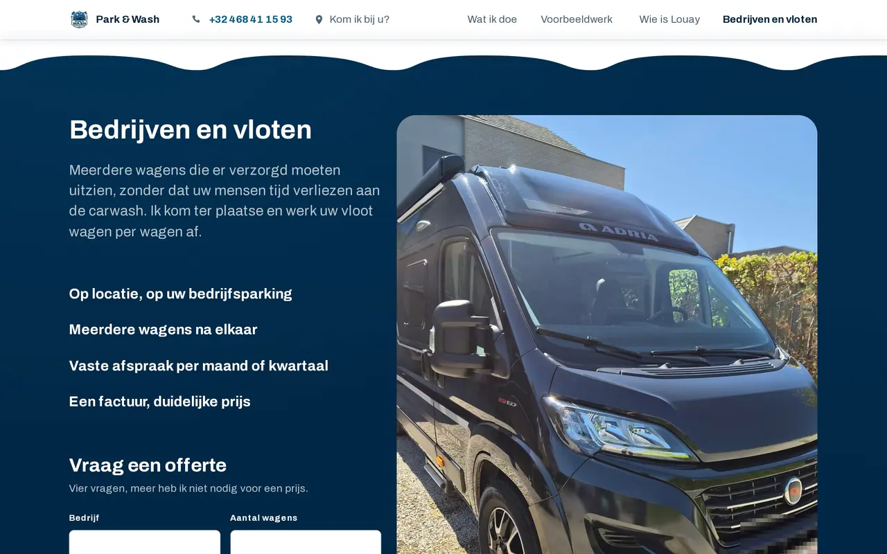 Het deel voor bedrijven en vloten op de one-pager van Park & Wash