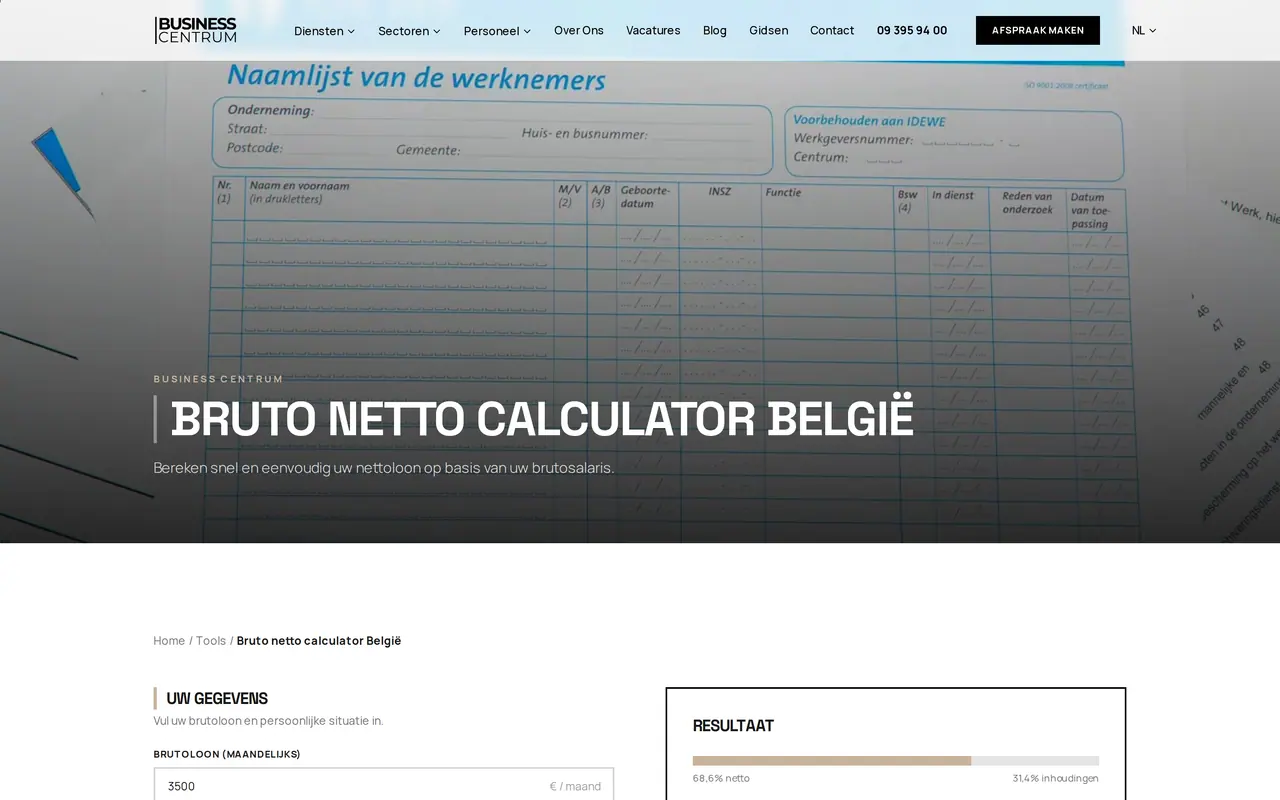 Hoe lang duurt SEO: de bruto-nettocalculator van Business Centrum op een desktopscherm, een pagina op een zoekterm die mensen echt intypen