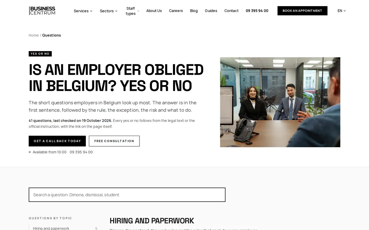 The English employer questions page on business-centrum.be, each question answered in its first sentence, the kind of source a bot can draw from