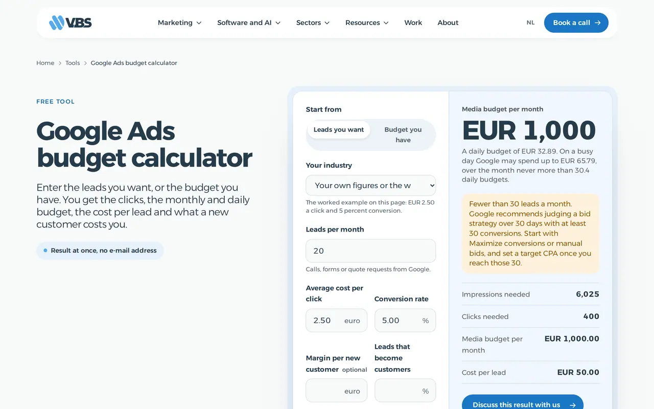 What is CPC in practice: our Google Ads budget calculator, which turns leads per month, cost per click and conversion rate into a monthly budget