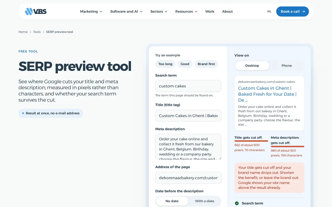 What is CTR in practice: our SERP preview tool, showing where Google cuts a title and description before anyone decides to click