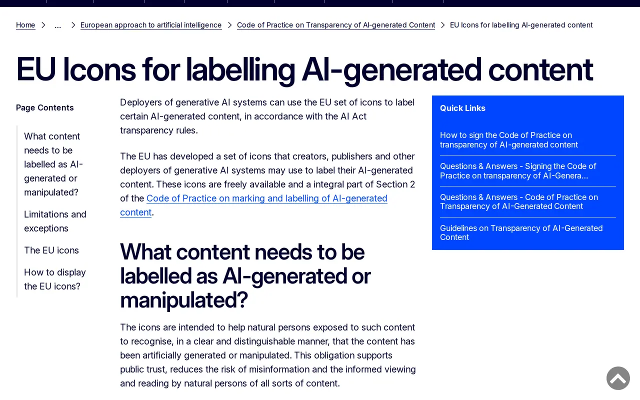 AI-generated content labelling: the European Commission page on EU icons for labelling AI-generated content