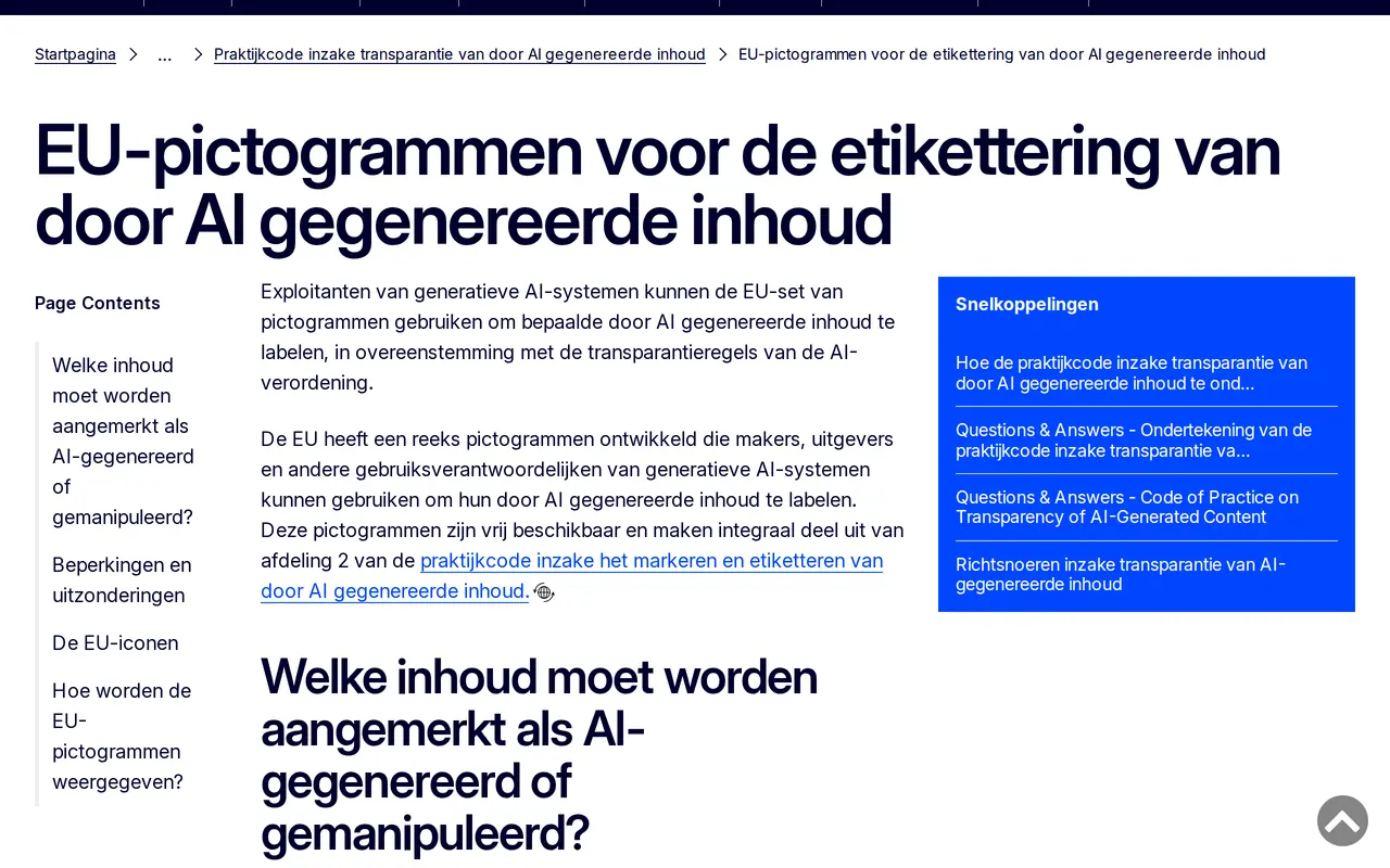 AI-content markeren: de pagina van de Europese Commissie over de EU-pictogrammen voor de etikettering van door AI gegenereerde inhoud
