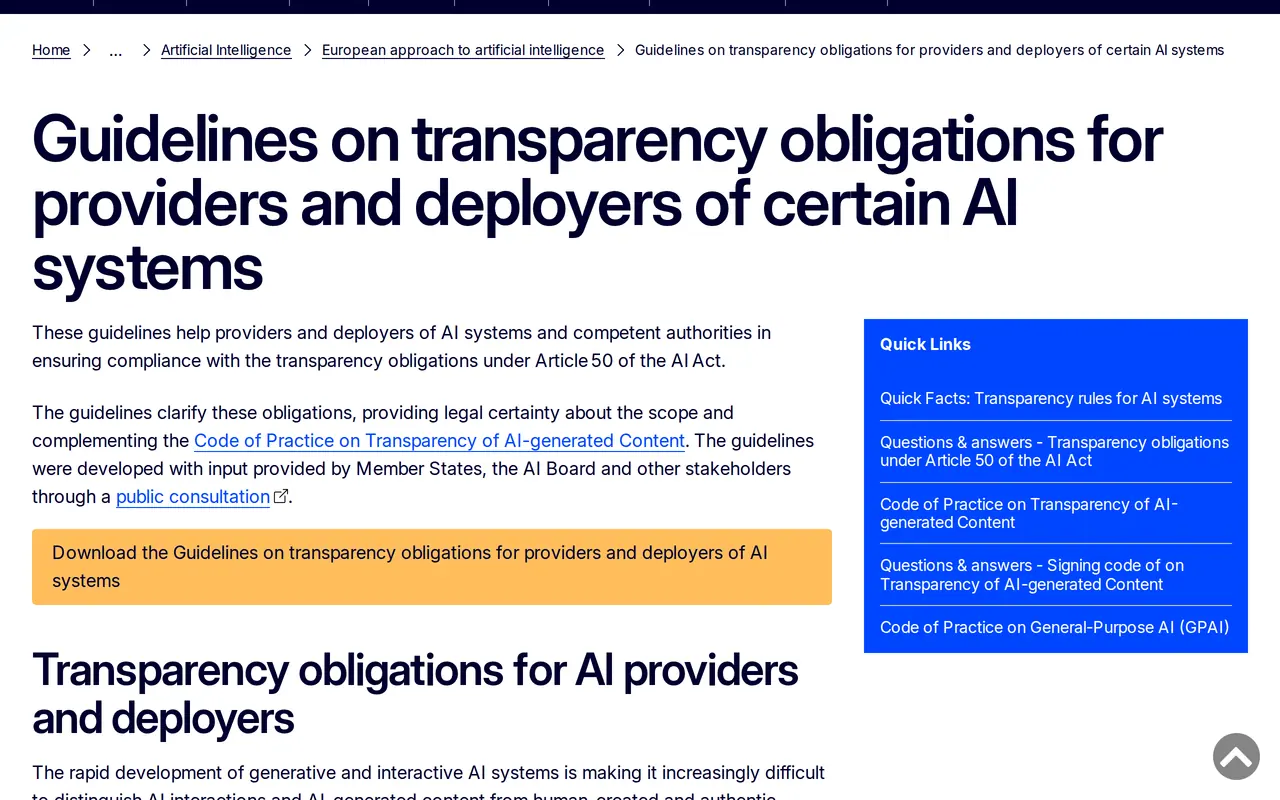 EU AI Act transparency obligations: the European Commission page with the guidelines on transparency obligations for providers and deployers of certain AI systems