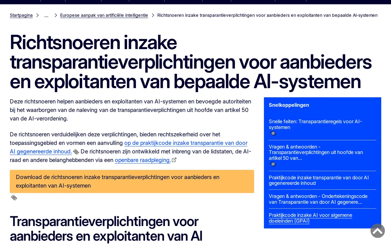 AI-verordening transparantieverplichting: de pagina van de Europese Commissie met de richtsnoeren inzake transparantieverplichtingen voor aanbieders en exploitanten van AI-systemen