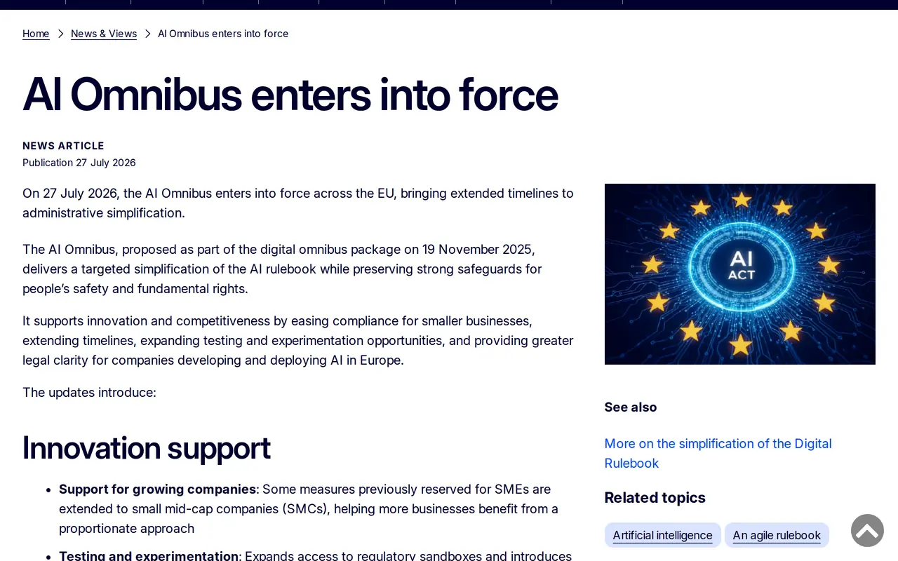 EU AI Act high-risk delay: the European Commission news page announcing that the AI Omnibus enters into force on 27 July 2026