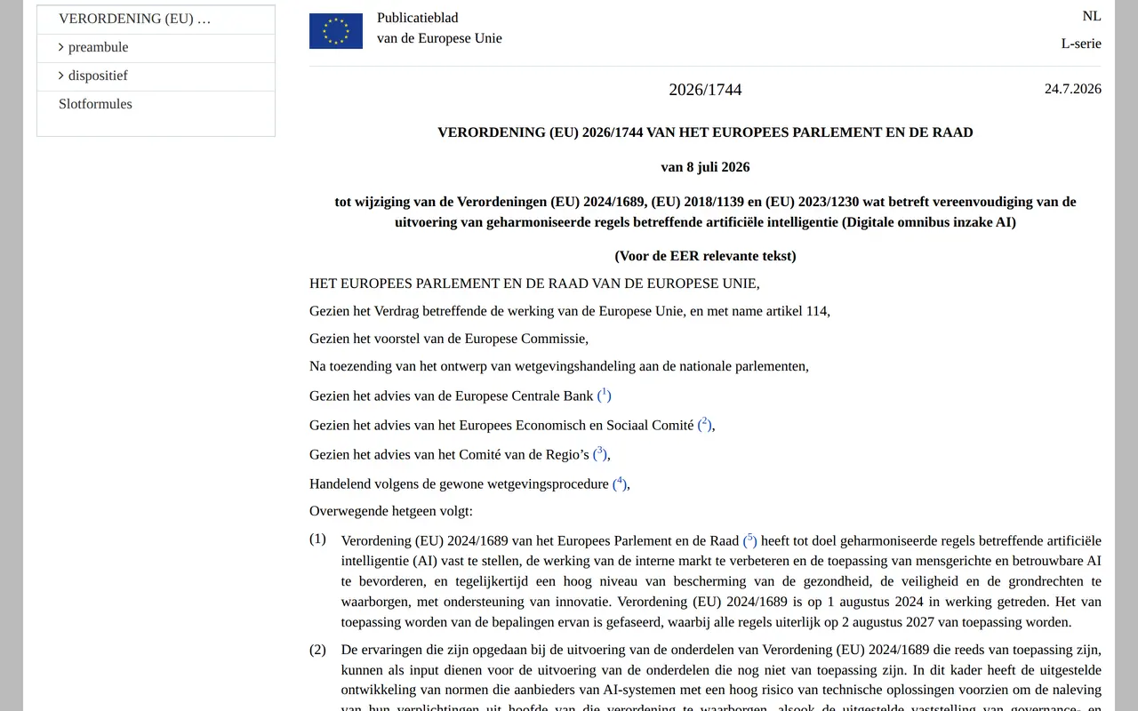 AI-verordening uitstel: Verordening (EU) 2026/1744 van 8 juli 2026 in het Publicatieblad van de Europese Unie, de Digitale omnibus inzake AI