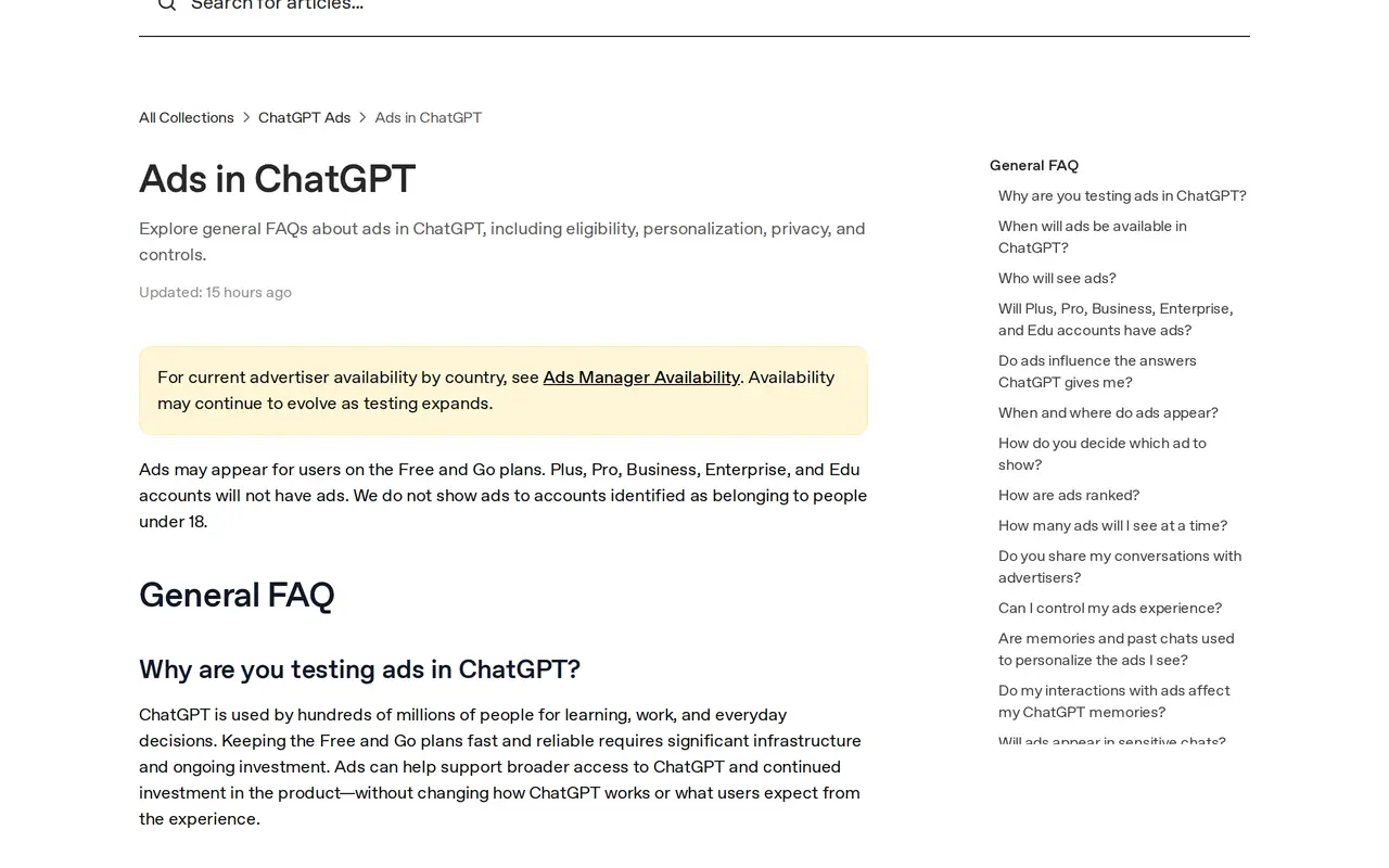 Digital marketing trends 2027: OpenAI's help article on ads in ChatGPT, which have shown across Europe since August 2026