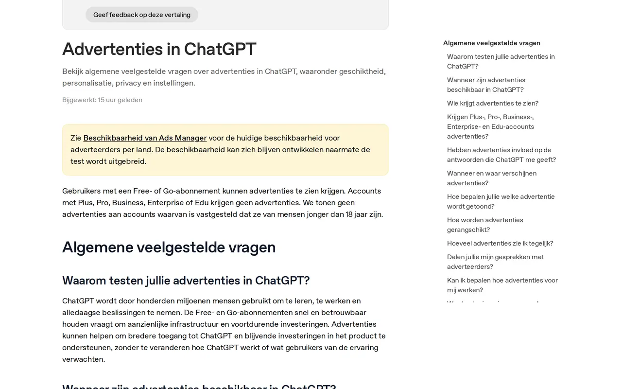 Marketing trends 2027: het helpartikel van OpenAI over advertenties in ChatGPT, dat sinds augustus 2026 ook in België advertenties toont