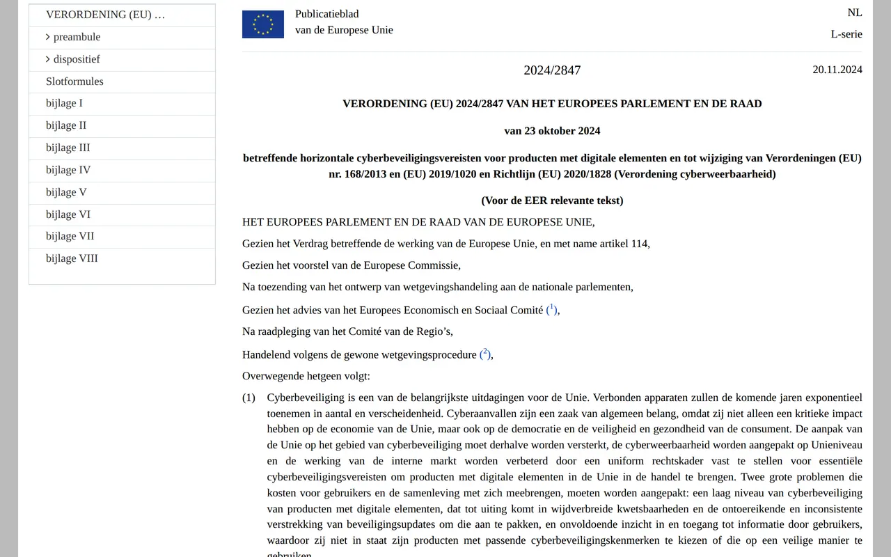 Cyber Resilience Act meldplicht: Verordening (EU) 2024/2847, de Verordening cyberweerbaarheid, in het Publicatieblad van de Europese Unie