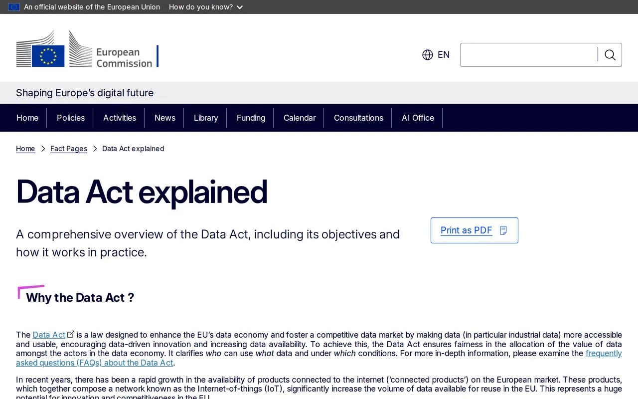 Data Act cloud switching: the Data Act explained page of the European Commission, with its overview of what the regulation covers