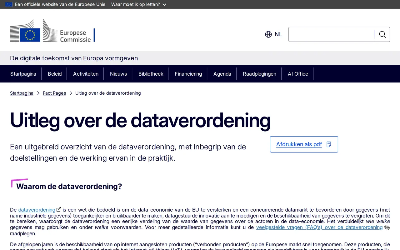 Data Act: de pagina Uitleg over de dataverordening van de Europese Commissie, met het overzicht van wat de verordening regelt