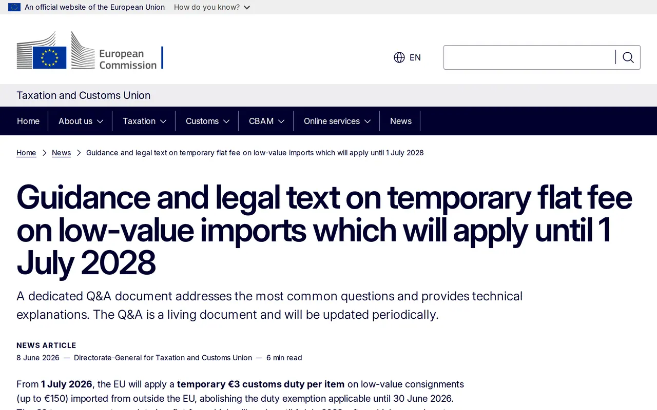 EU 3 euro customs duty: the European Commission news page on the temporary flat fee on low-value imports until 1 July 2028