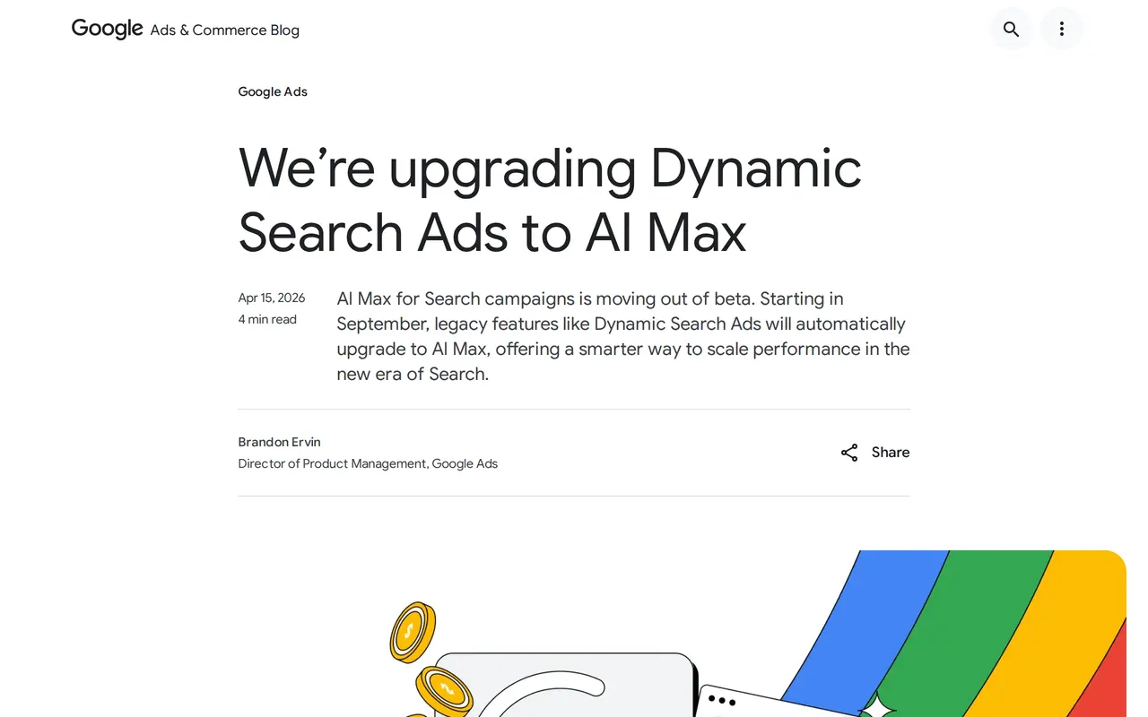 SEM meaning: the Google Ads blog post on moving Dynamic Search Ads to AI Max, a change in how paid search campaigns run