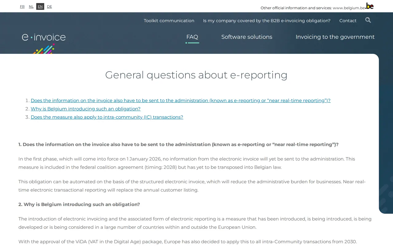 Belgium e-reporting 2028: the page General questions about e-reporting on einvoice.belgium.be, with the 2028 timing from the coalition agreement and the end of the annual customer listing