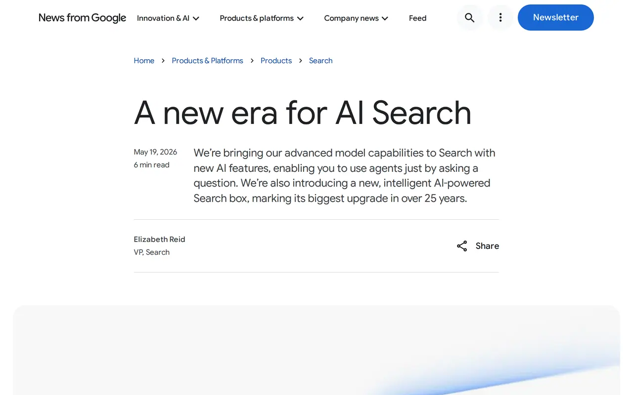Google AI Mode after I/O 2026: Google's announcement 'A new era for AI Search' of 19 May 2026 by Elizabeth Reid, VP of Search