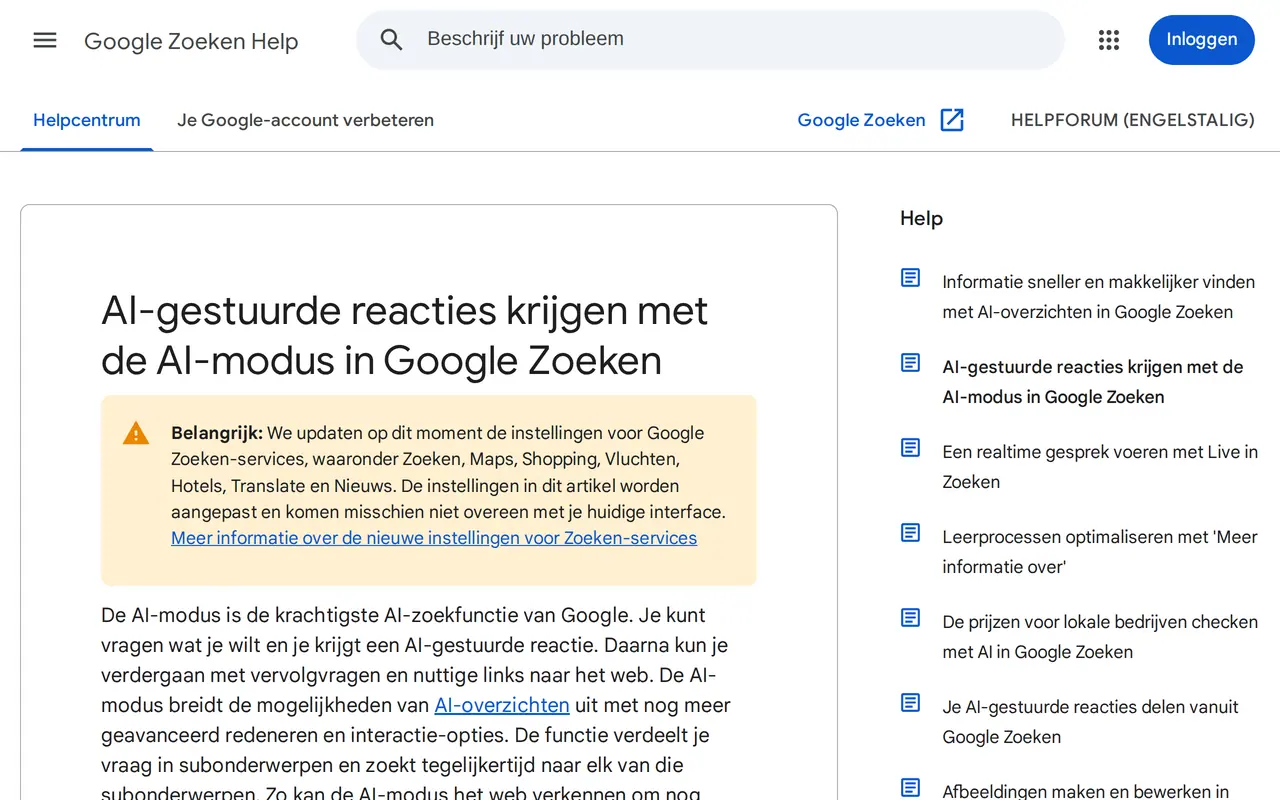 Google AI-modus: de Nederlandstalige helppagina AI-gestuurde reacties krijgen met de AI-modus in Google Zoeken