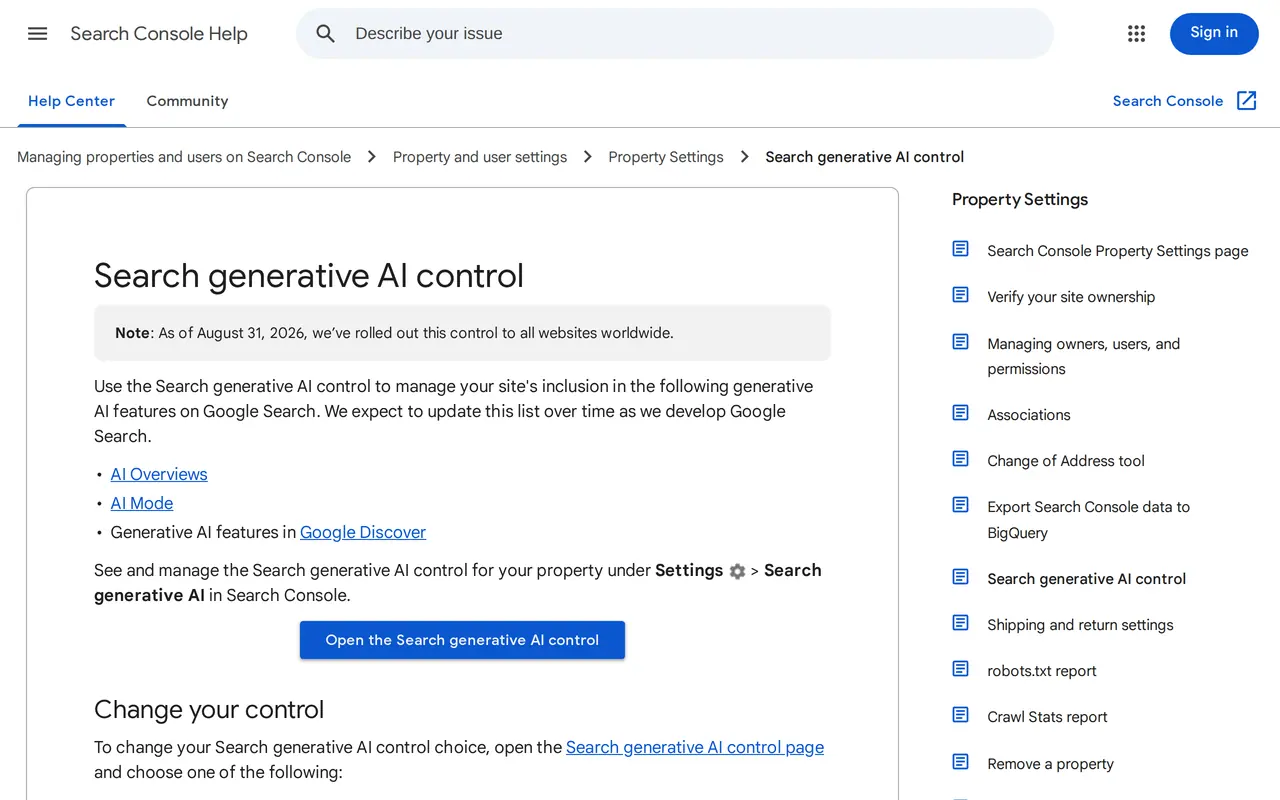 AI Overviews opt out: the Search Console help page on the Search generative AI control, listing AI Overviews, AI Mode and Discover and the path Settings, Search generative AI