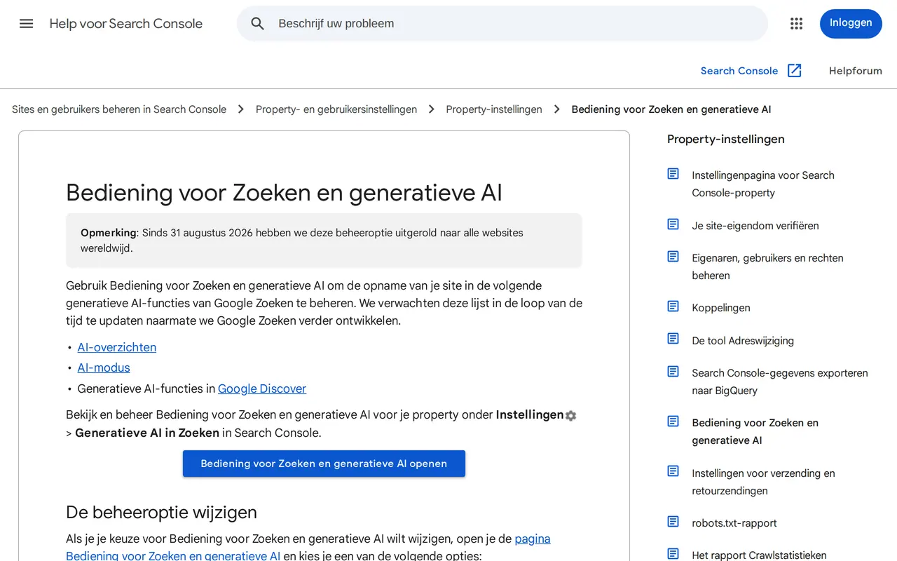 AI overview uitschakelen: de helppagina Bediening voor Zoeken en generatieve AI van Search Console, met AI-overzichten, AI-modus en Discover en de weg via Instellingen naar Generatieve AI in Zoeken