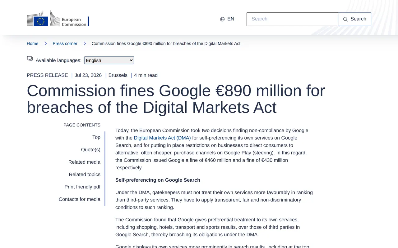 Google DMA fine: the European Commission press release of 23 July 2026, Commission fines Google 890 million euros for breaches of the Digital Markets Act