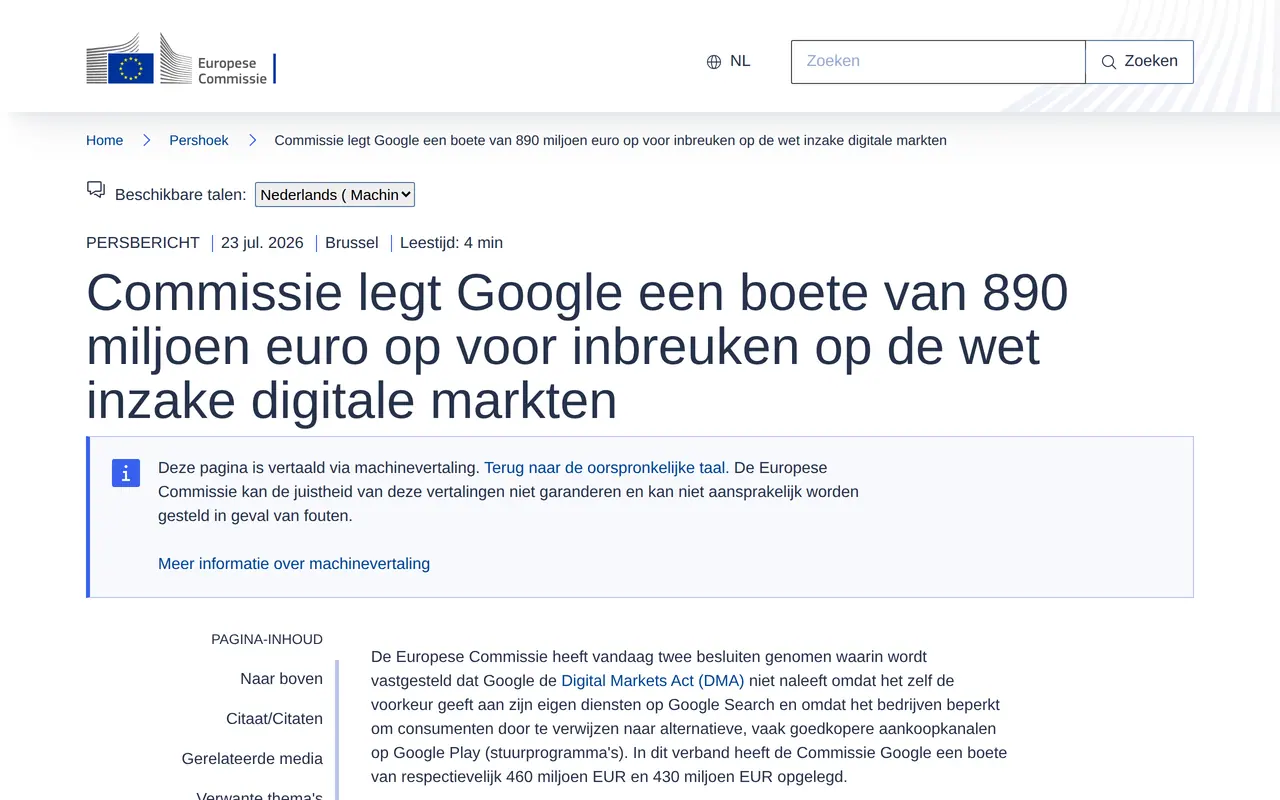 Google DMA-boete: het persbericht van de Europese Commissie van 23 juli 2026, Commissie legt Google een boete van 890 miljoen euro op, in het Nederlands