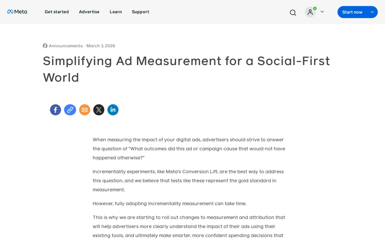 Meta click attribution change: the Meta for Business announcement Simplifying Ad Measurement for a Social-First World, dated 3 March 2026