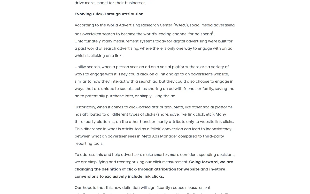 Meta-advertenties attributie: de passage Evolving Click-Through Attribution uit de aankondiging van Meta for Business, waarin click-through alleen nog linkkliks omvat