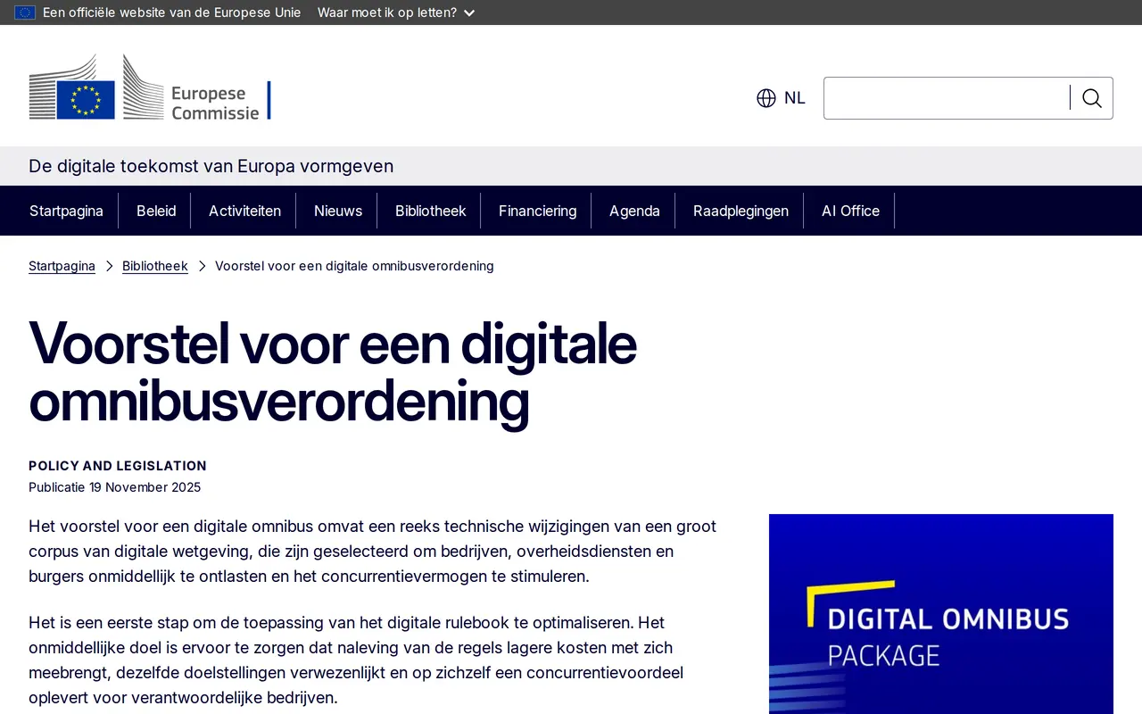Cookies en nieuwe wetgeving in de EU: de pagina Voorstel voor een digitale omnibusverordening van de Europese Commissie, gepubliceerd op 19 november 2025