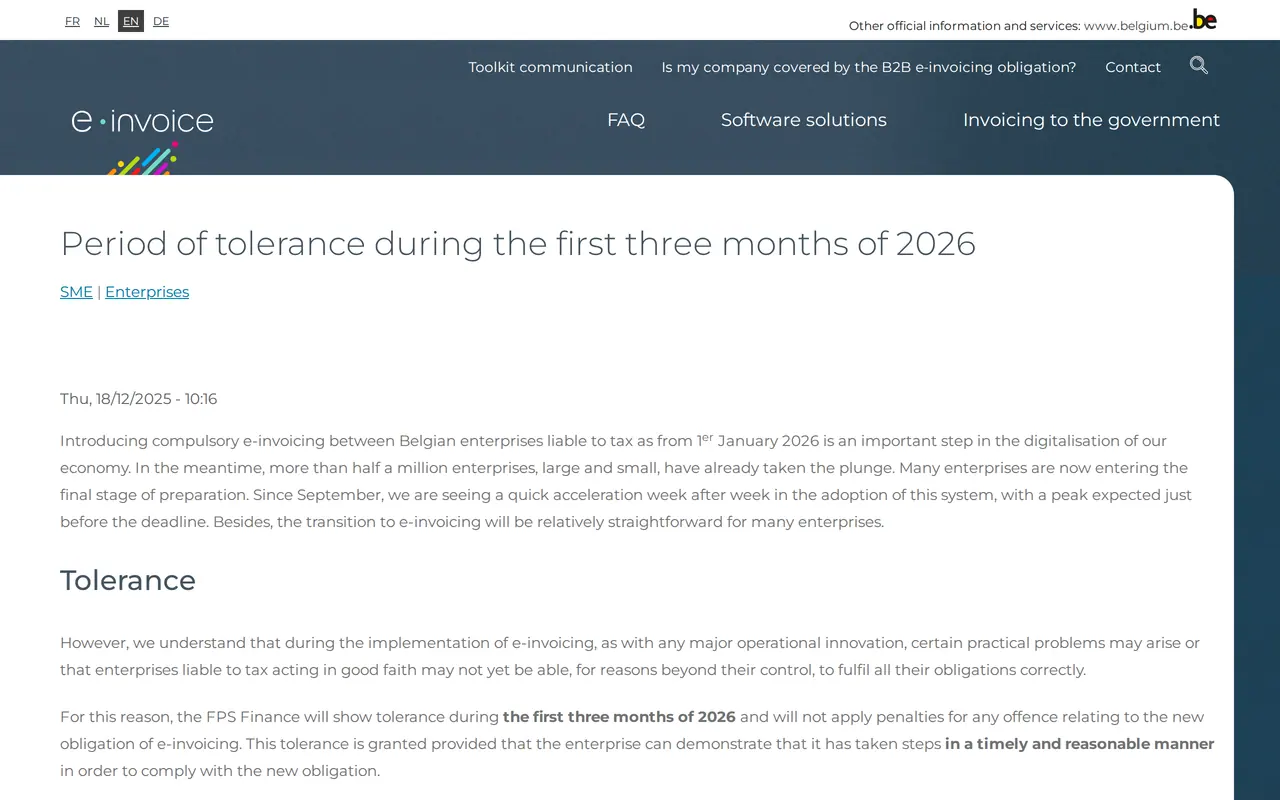 Belgium e-invoicing penalties: the Belgian tax authority's notice of 18 December 2025 on einvoice.belgium.be, "Period of tolerance during the first three months of 2026"