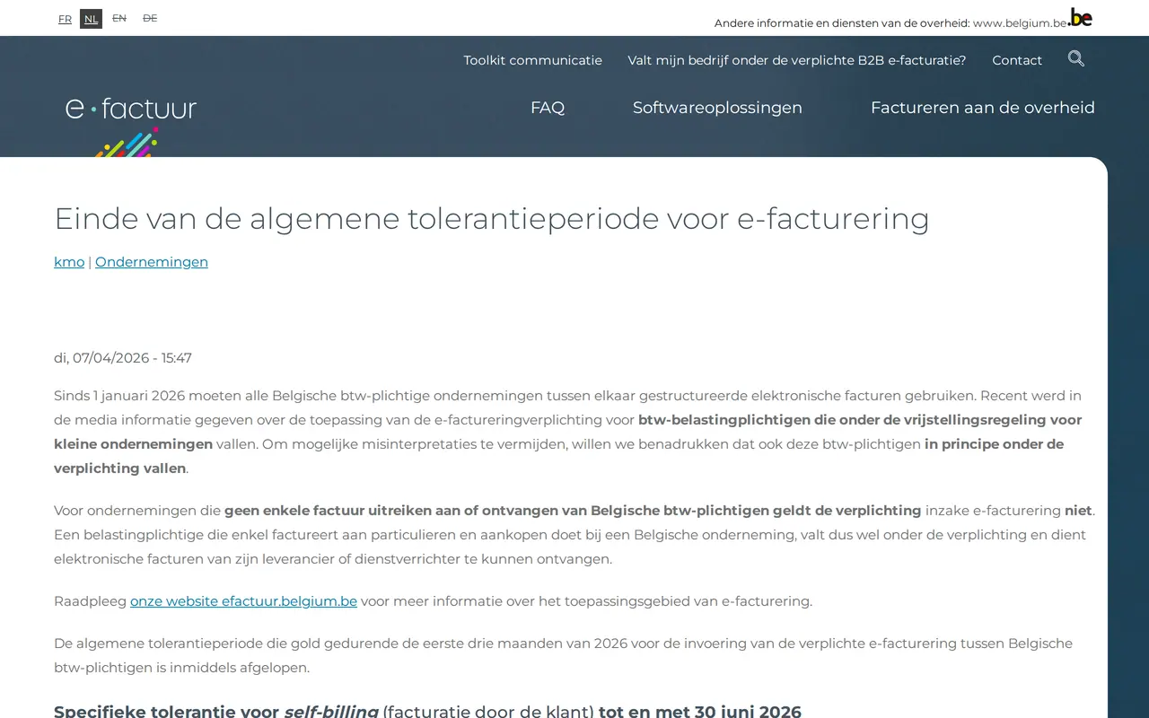 Peppol-boetes na de tolerantieperiode: het bericht van 7 april 2026 op efactuur.belgium.be, "Einde van de algemene tolerantieperiode voor e-facturering"