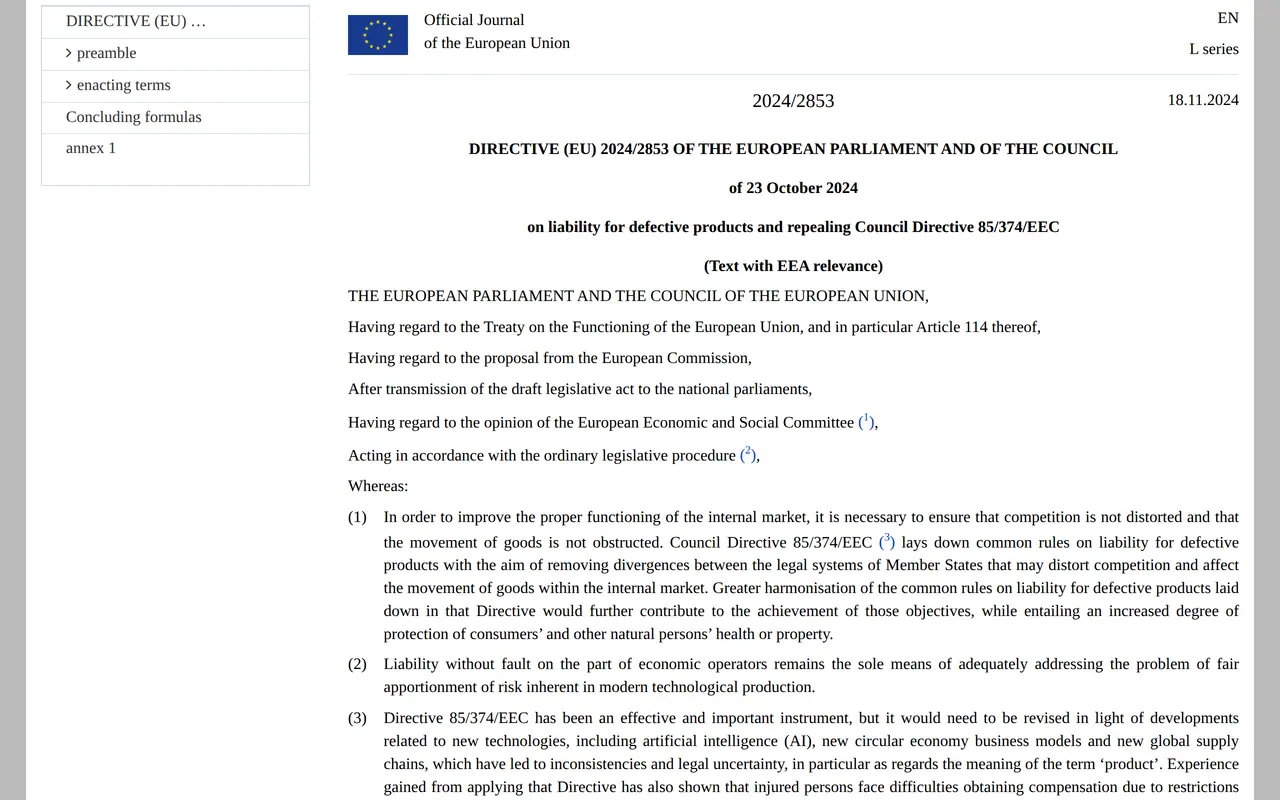 Product Liability Directive software: Directive (EU) 2024/2853 on liability for defective products in the Official Journal of the European Union