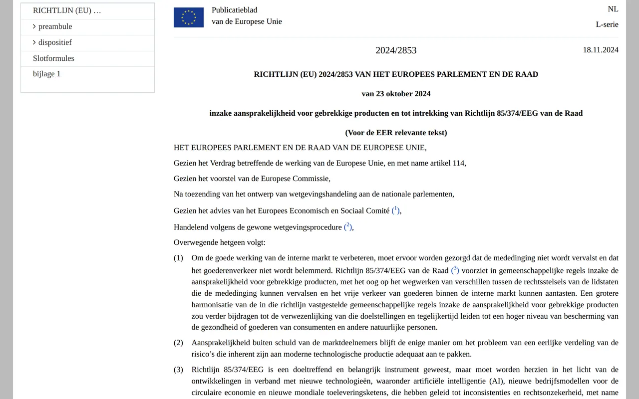 Productaansprakelijkheid software: Richtlijn (EU) 2024/2853 inzake aansprakelijkheid voor gebrekkige producten in het Publicatieblad van de Europese Unie