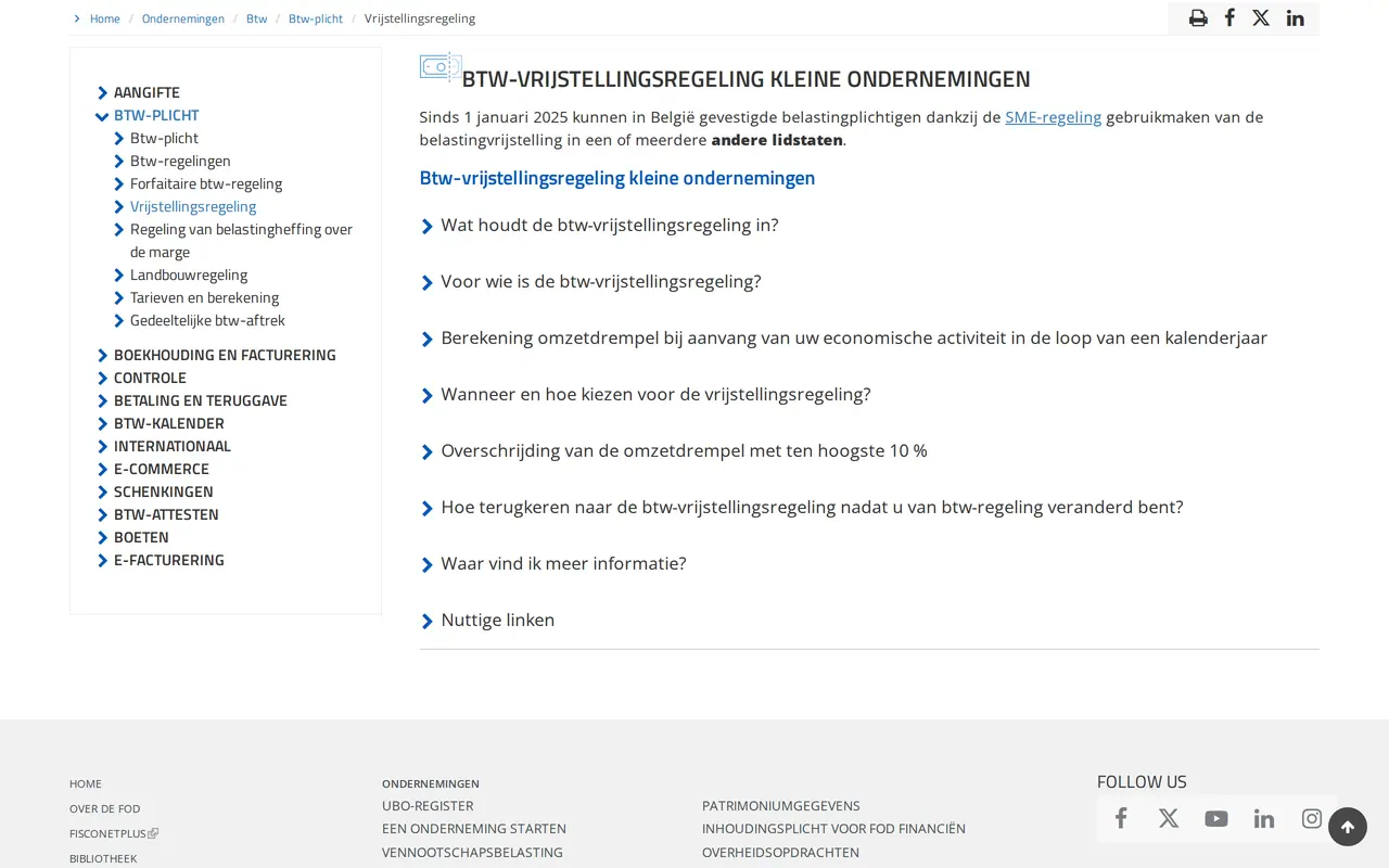 Wat verandert er in 2027 voor kleine ondernemingen: de pagina Btw-vrijstellingsregeling kleine ondernemingen van de FOD Financiën, met de vragen over de omzetdrempel en wanneer je kiest voor de regeling