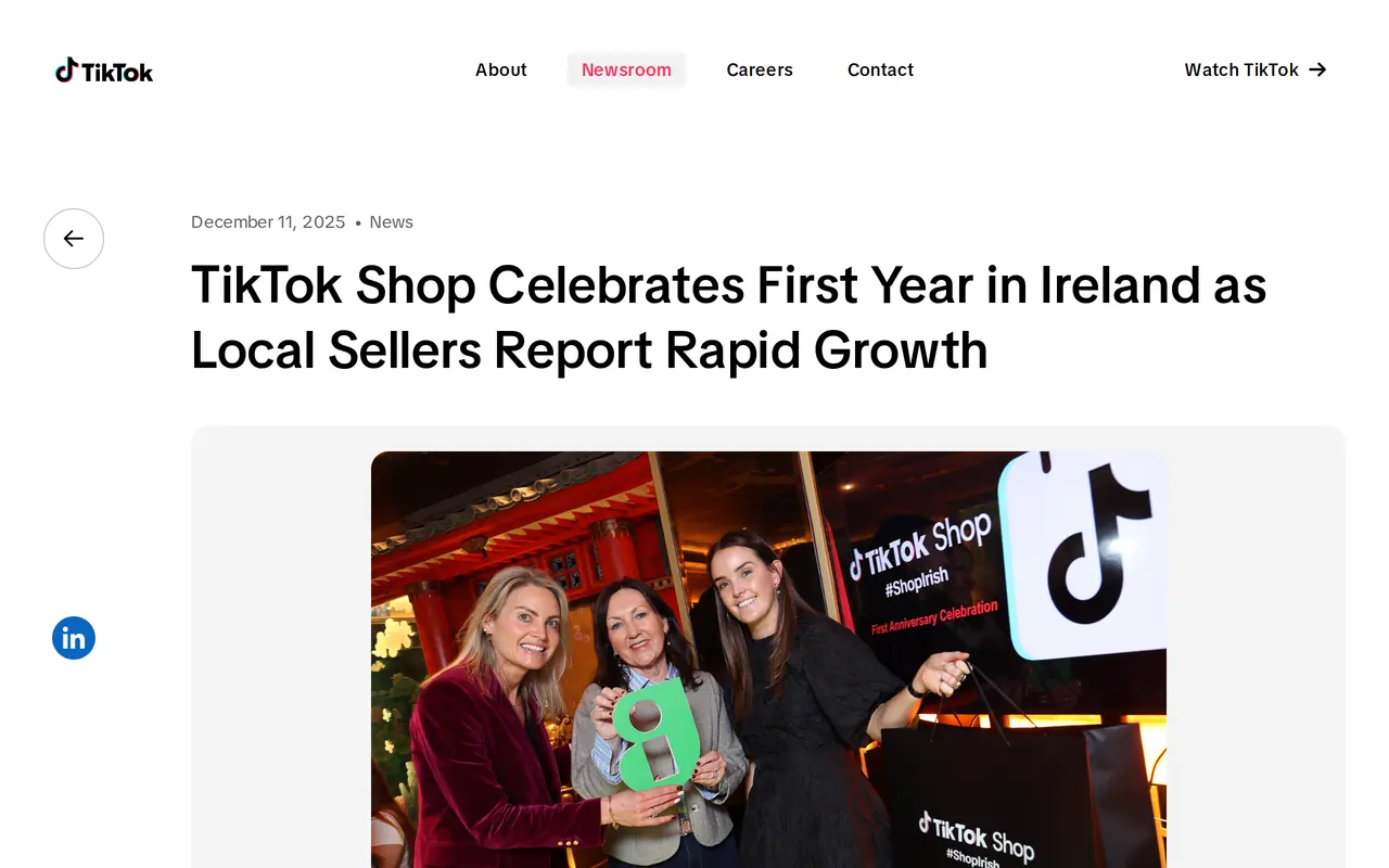 TikTok Shop in Europe: the TikTok Newsroom post TikTok Shop Celebrates First Year in Ireland as Local Sellers Report Rapid Growth